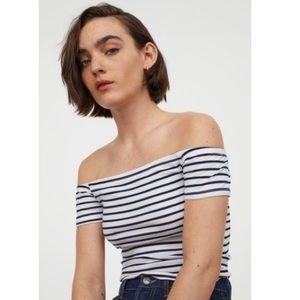 H&M Divided Ribbed Navy and white striped Off Shoulder Cropped tee size XS